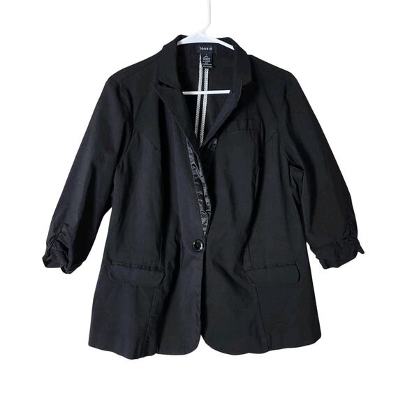 Torrid Blazer Plus Size 1X Black Stretch 3/4 Ruched Sleeve Career - Picture 1 of 3